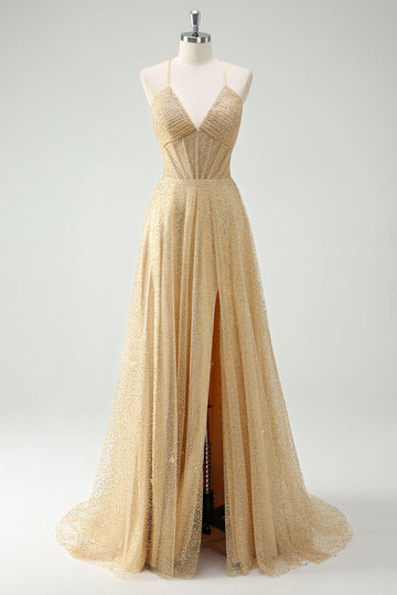 Una linea di oro paillettes spaghetti straps Abito da cerimonia con fessura